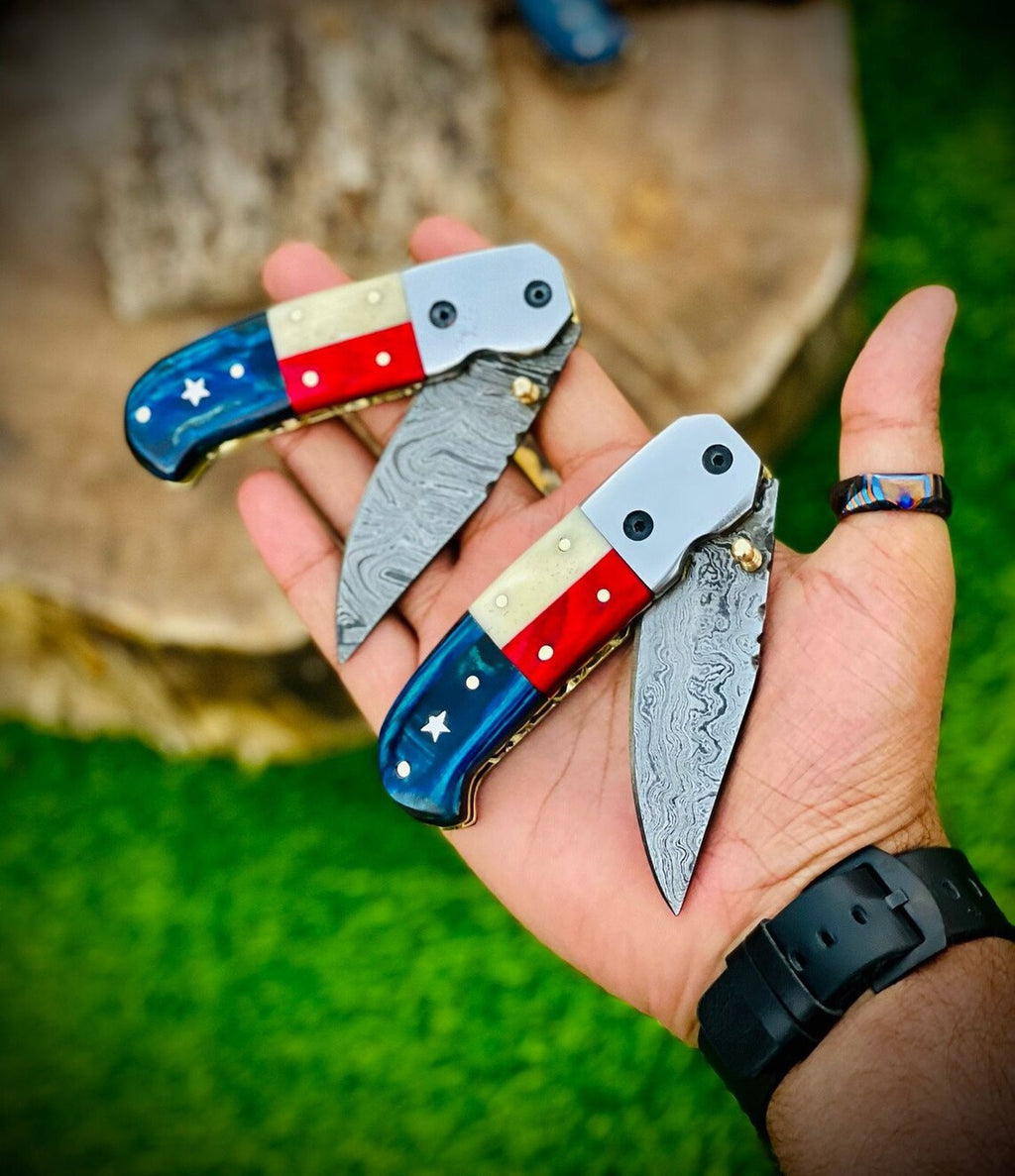 "Custom Handmade Texas Flag Damascus Steel Folding Pocket Knife | Exotic Wood-Bone Texas Flag Handle | 3.1 Inch Blade | Leather Sheath | KBS Knives Store"