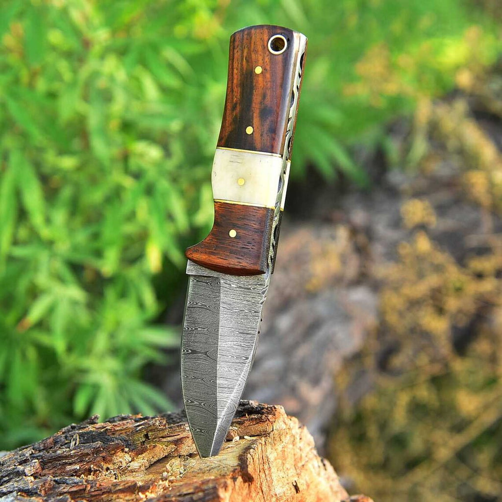 EDC Custom Handmade Damascus Steel Skinning Blade with Rosewood & Bone Handle, 6.25-inch