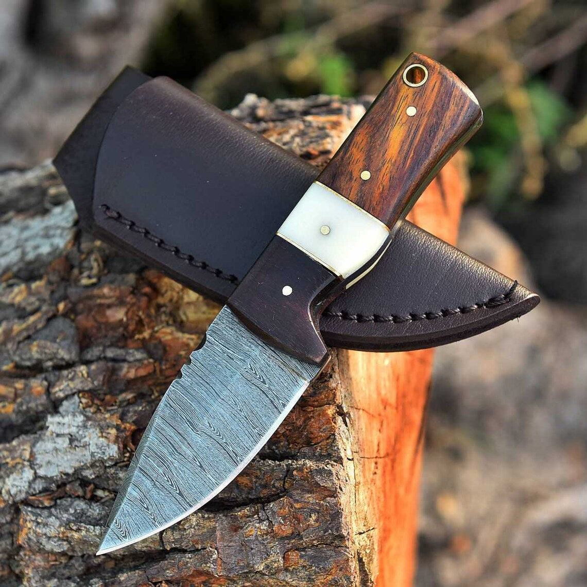 EDC Custom Handmade Damascus Steel Skinning Blade with Rosewood & Bone Handle, 6.25-inch