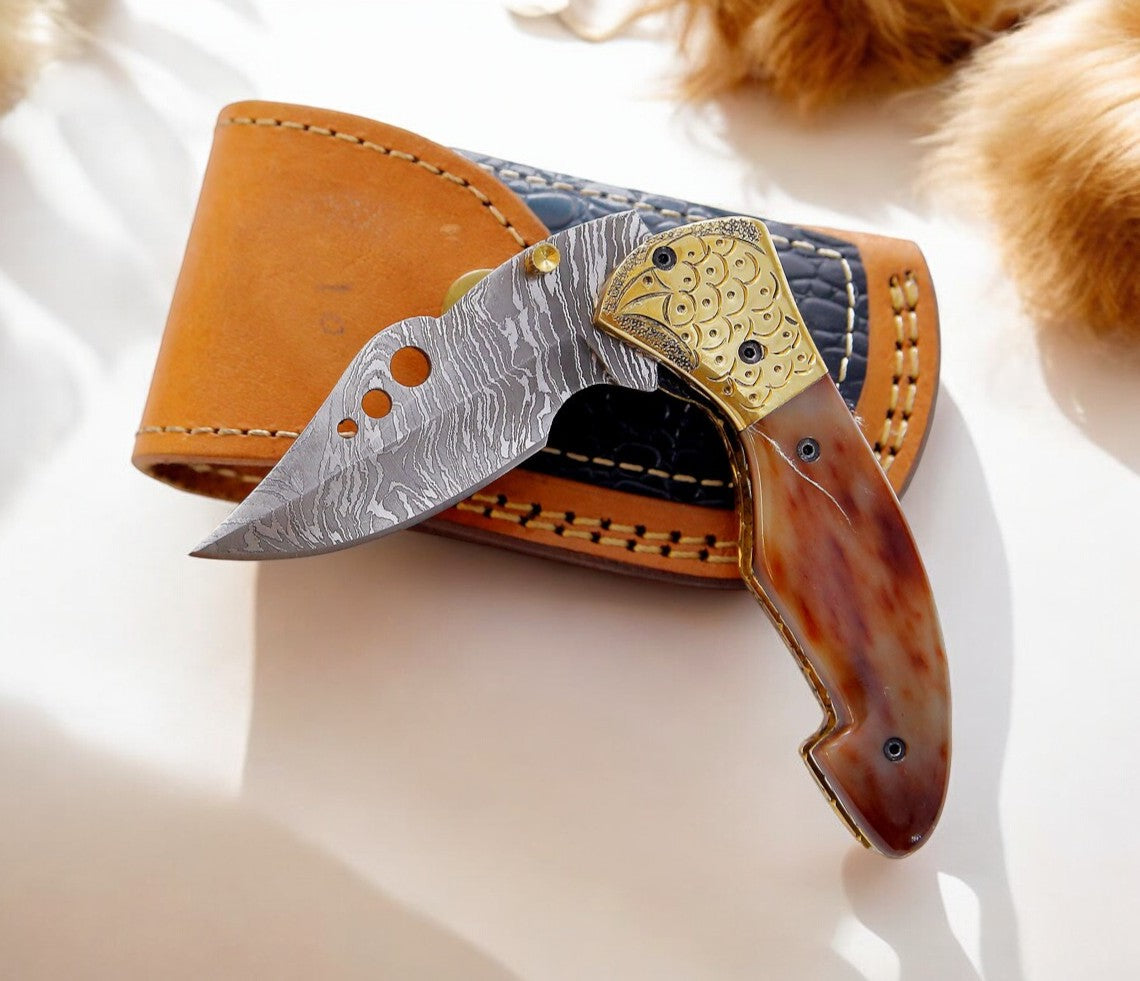 Custom Handmade Damascus Steel Pocket Knife - 3" Blade