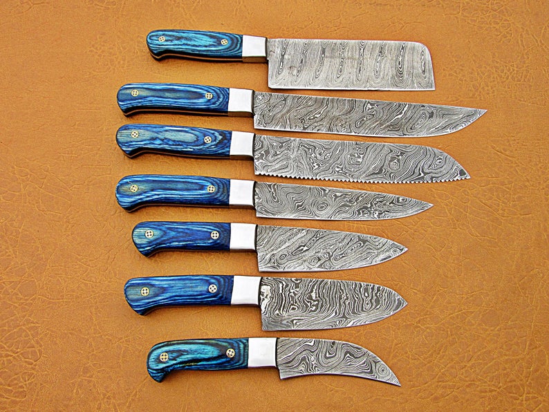 Custom Handmade Kitchen Knife Damascus – 13” with Pakka Wood Handle, Steel Bolster & Leather Roll