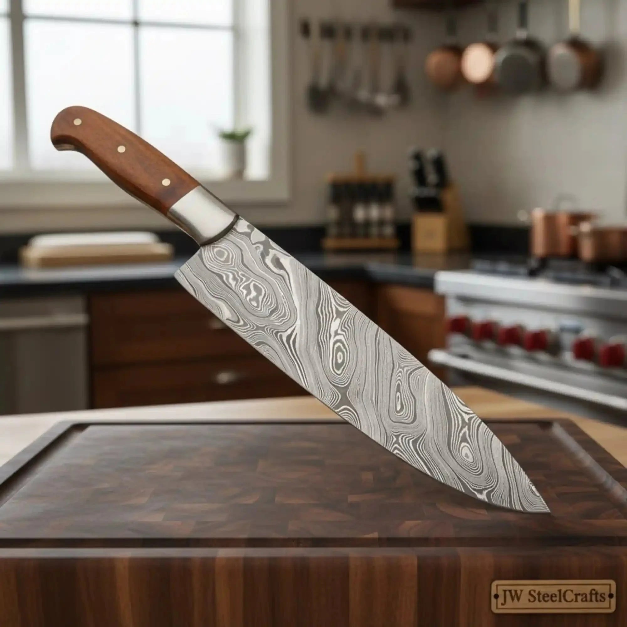 JW SteelCrafts 14-inch Damascus Chef Knife, Brown Bone Handle, Brass Bolster, Leather Sheath
