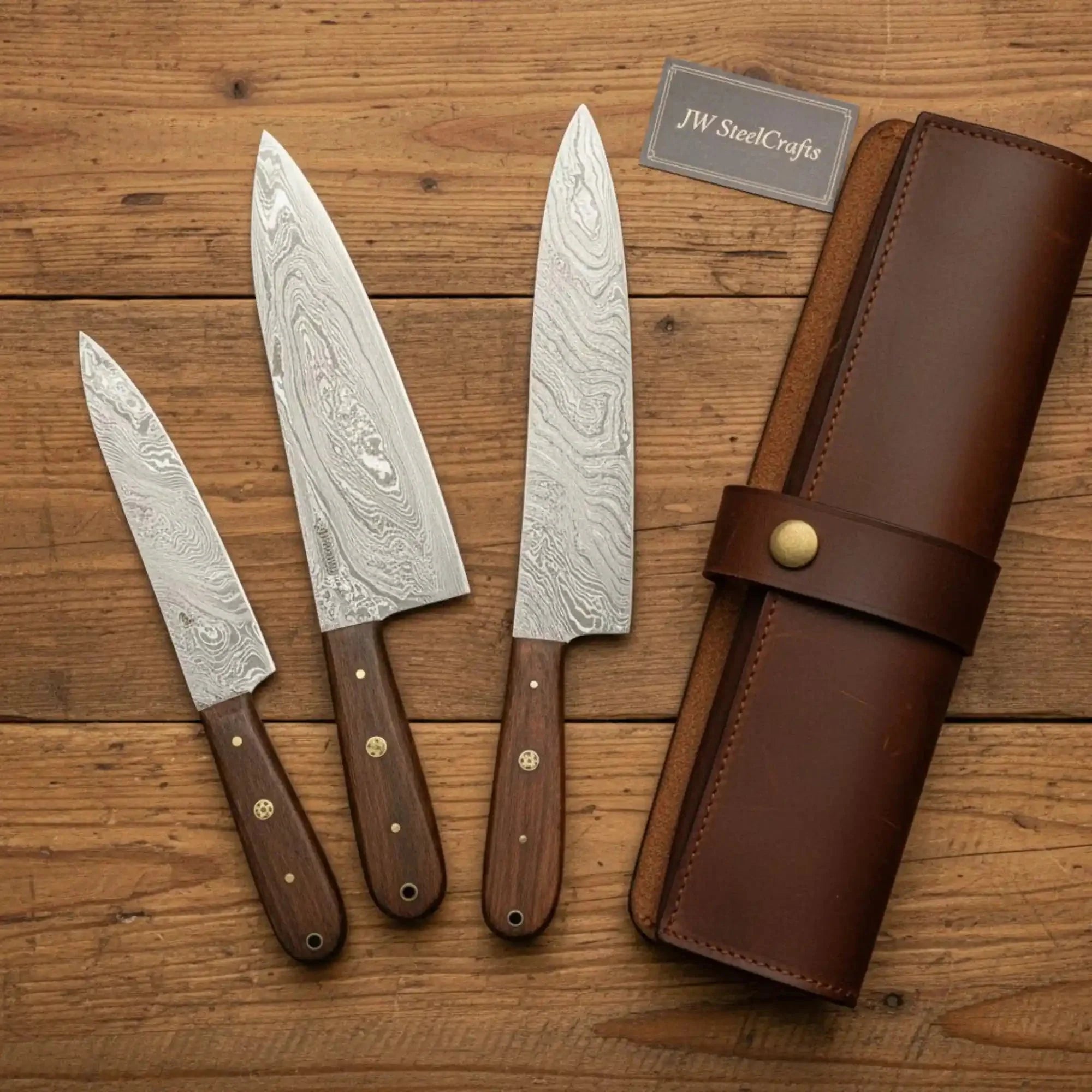 JW SteelCrafts 3 Piece Damascus Kitchen Knife Set, Paring Chef and Carving Knife, Handmade Damascus Steel Knife Set with Walnut Wood Handle and Leather Roll