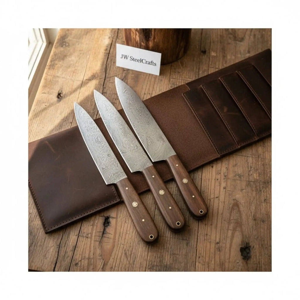 JW SteelCrafts 3 Piece Damascus Kitchen Knife Set, Paring Chef and Carving Knife, Handmade Damascus Steel Knife Set with Walnut Wood Handle and Leather Roll