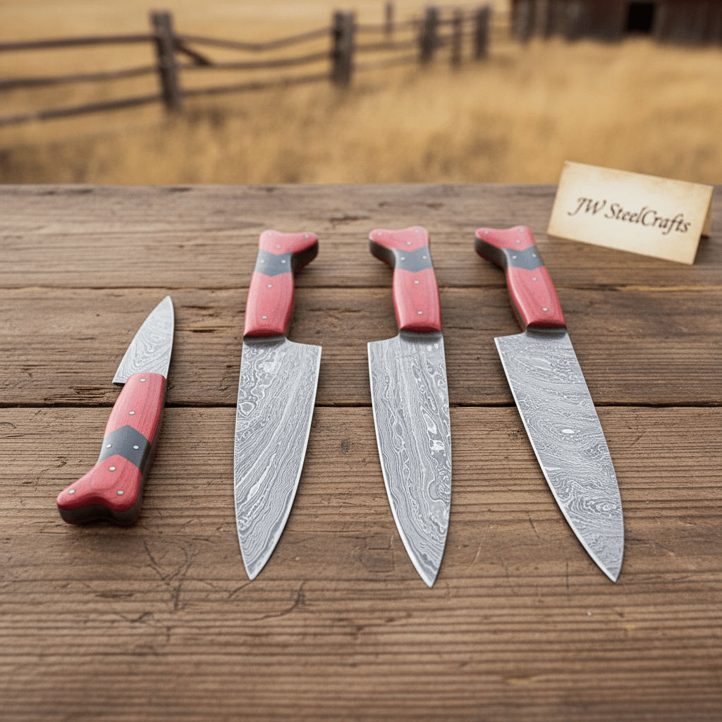 JW SteelCrafts 4 Piece Damascus Kitchen Knife Set, Carving Chef Utility Knife Set, Handmade Damascus Steel with Red Wood Handle
