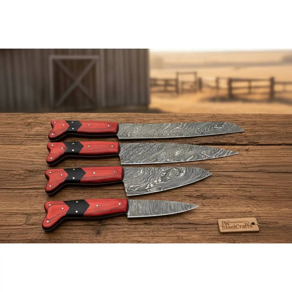 JW SteelCrafts 4 Piece Damascus Kitchen Knife Set, Carving Chef Utility Knife Set, Handmade Damascus Steel with Red Wood Handle