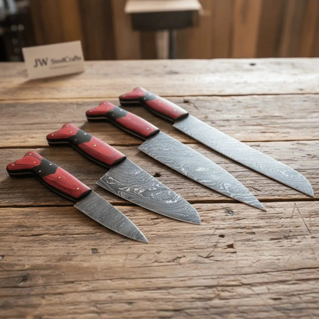 JW SteelCrafts 4 Piece Damascus Kitchen Knife Set, Carving Chef Utility Knife Set, Handmade Damascus Steel with Red Wood Handle