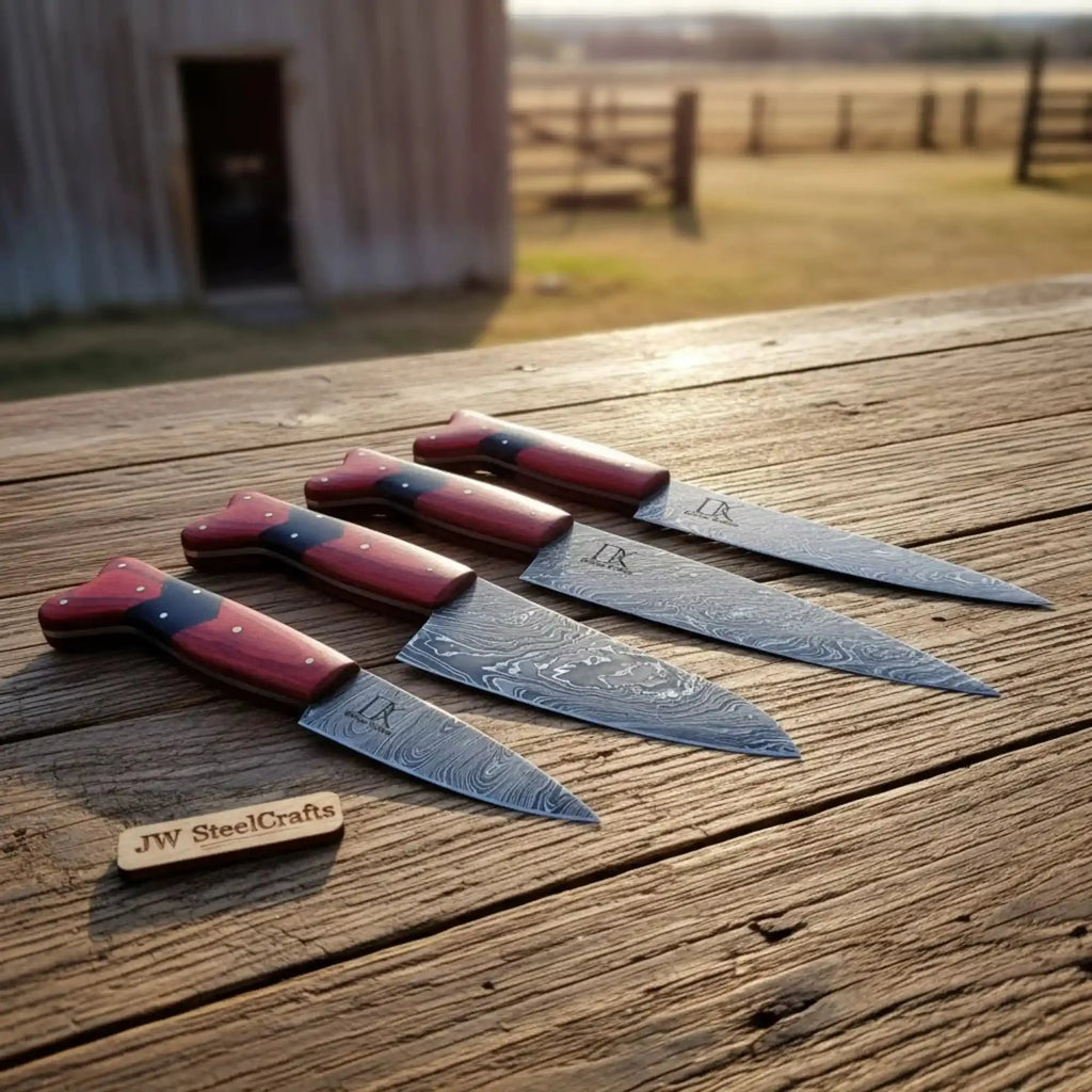 JW SteelCrafts 4 Piece Damascus Kitchen Knife Set, Carving Chef Utility Knife Set, Handmade Damascus Steel with Red Wood Handle