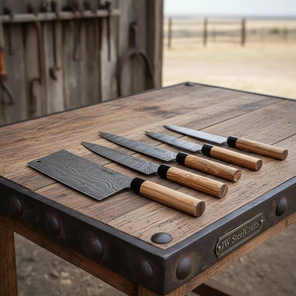 JW SteelCrafts 4 Piece Damascus Kitchen Knife Set with Olive Wood Handles, Paring Chef Nakiri and Slicing Knives, Handmade Damascus Steel with Leather Roll Kit