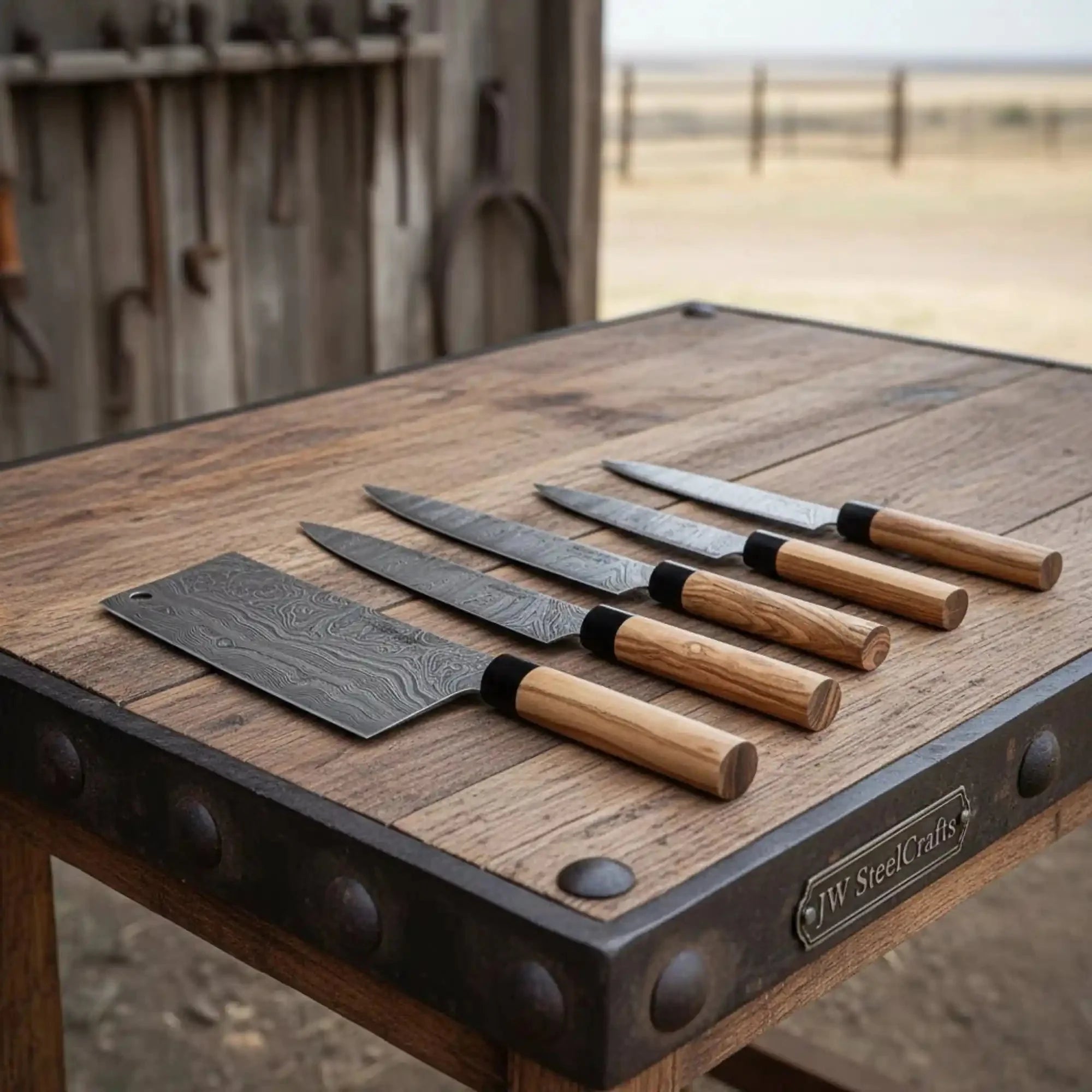JW SteelCrafts 4 Piece Damascus Kitchen Knife Set with Olive Wood Handles, Paring Chef Nakiri and Slicing Knives, Handmade Damascus Steel with Leather Roll Kit