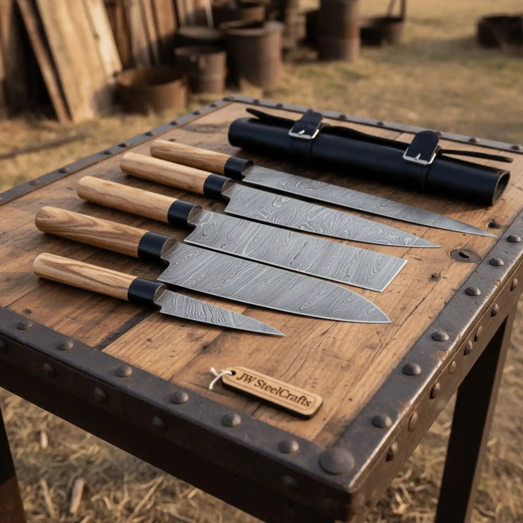 JW SteelCrafts 4 Piece Damascus Kitchen Knife Set with Olive Wood Handles, Paring Chef Nakiri and Slicing Knives, Handmade Damascus Steel with Leather Roll Kit