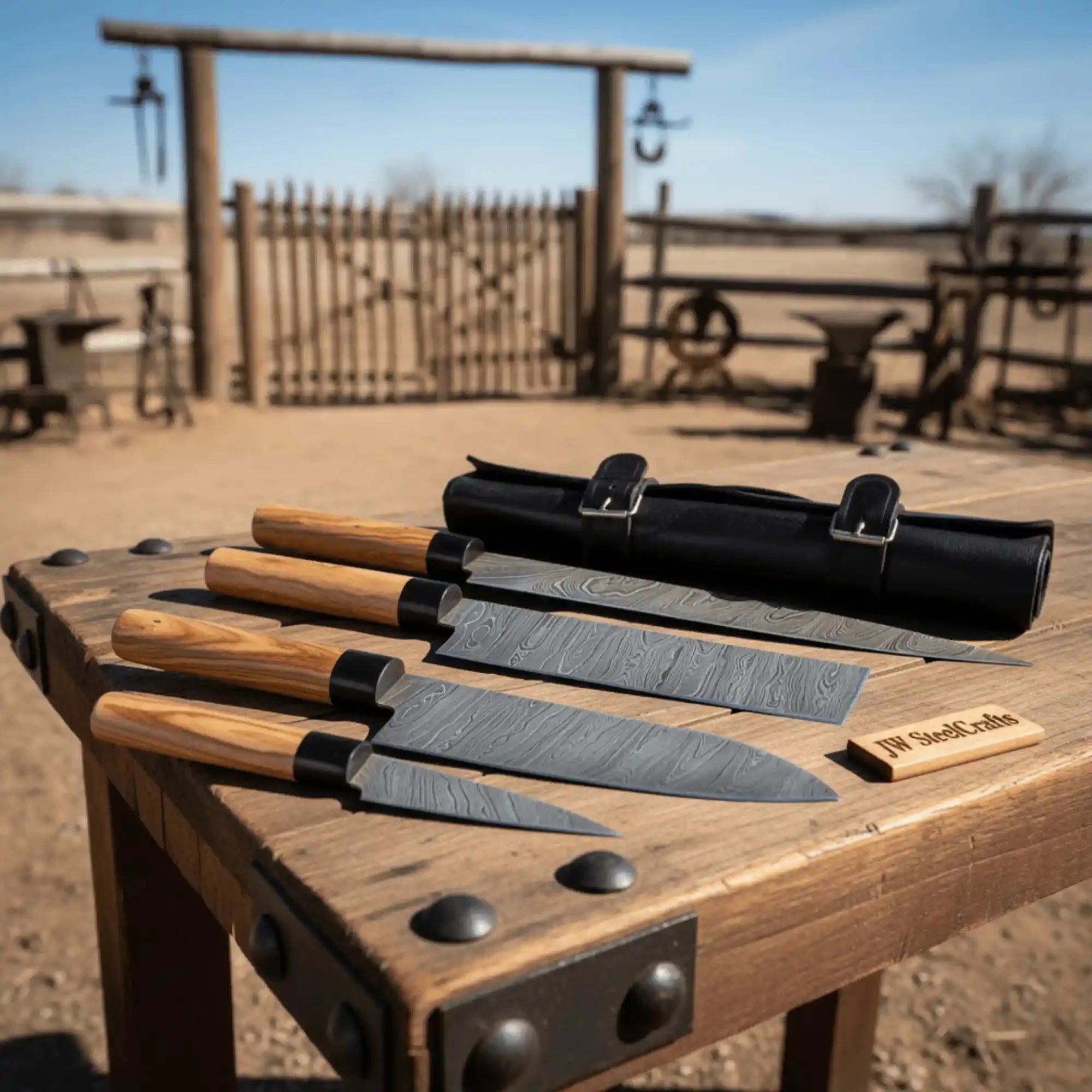 JW SteelCrafts 4 Piece Damascus Kitchen Knife Set with Olive Wood Handles, Paring Chef Nakiri and Slicing Knives, Handmade Damascus Steel with Leather Roll Kit