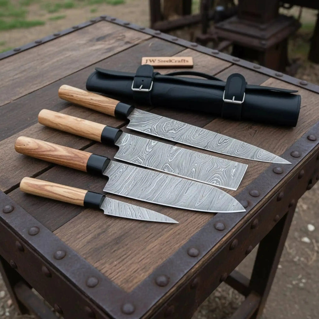JW SteelCrafts 4 Piece Damascus Kitchen Knife Set with Olive Wood Handles, Paring Chef Nakiri and Slicing Knives, Handmade Damascus Steel with Leather Roll Kit