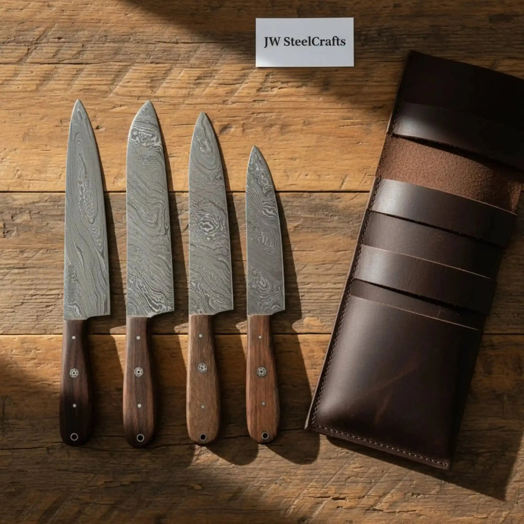 JW SteelCrafts 4 Piece Damascus Knife Set with Leather Roll, Chef Utility Paring Knife Set, Handmade Damascus Steel Rosewood Handle Kitchen Knife Collection