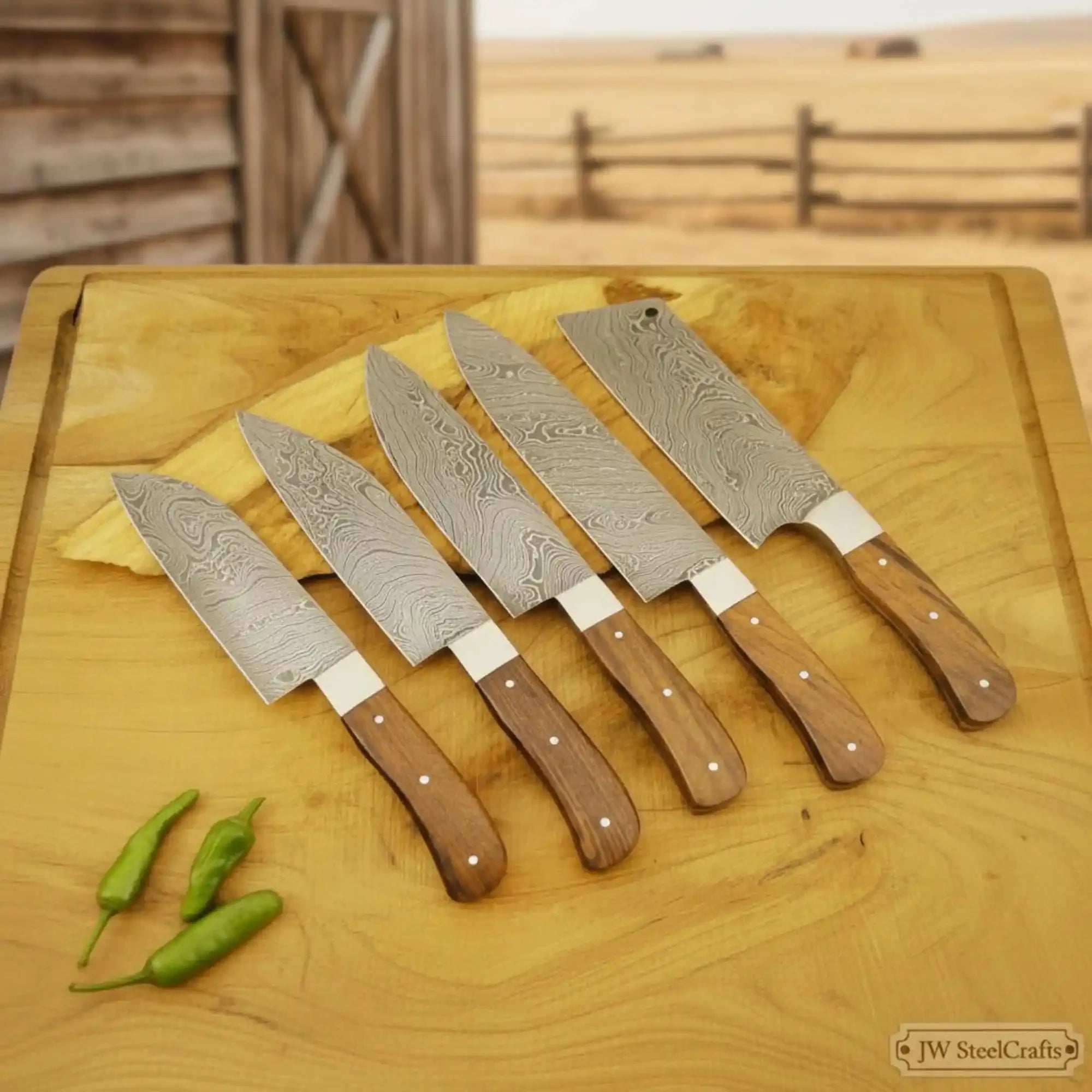 JW SteelCrafts 5 Piece Damascus Kitchen Knife Set Chef Santoku Cleaver Utility and Paring Knives Walnut Wood Handle Professional Cooking Knife Set