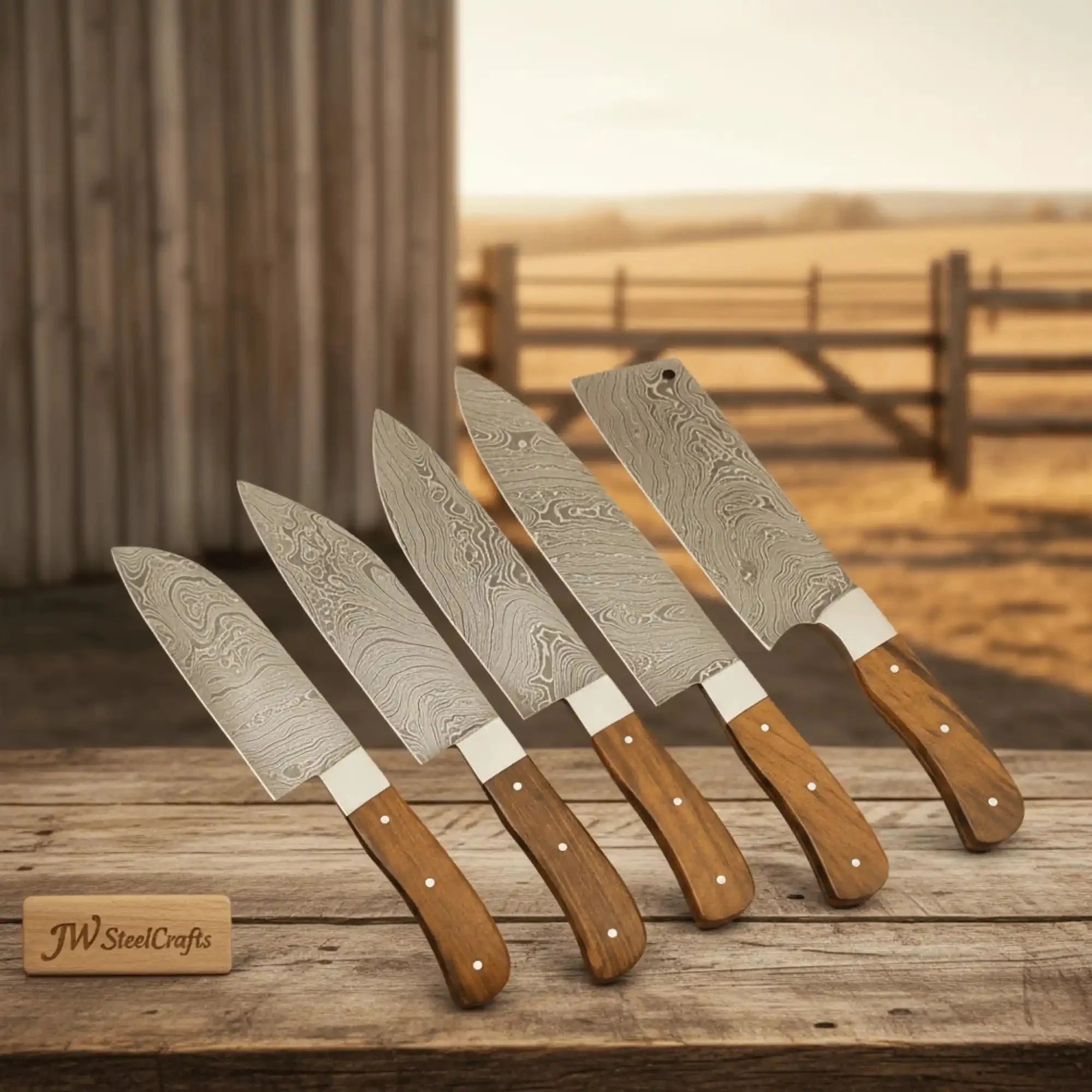 JW SteelCrafts 5 Piece Damascus Kitchen Knife Set Chef Santoku Cleaver Utility and Paring Knives Walnut Wood Handle Professional Cooking Knife Set
