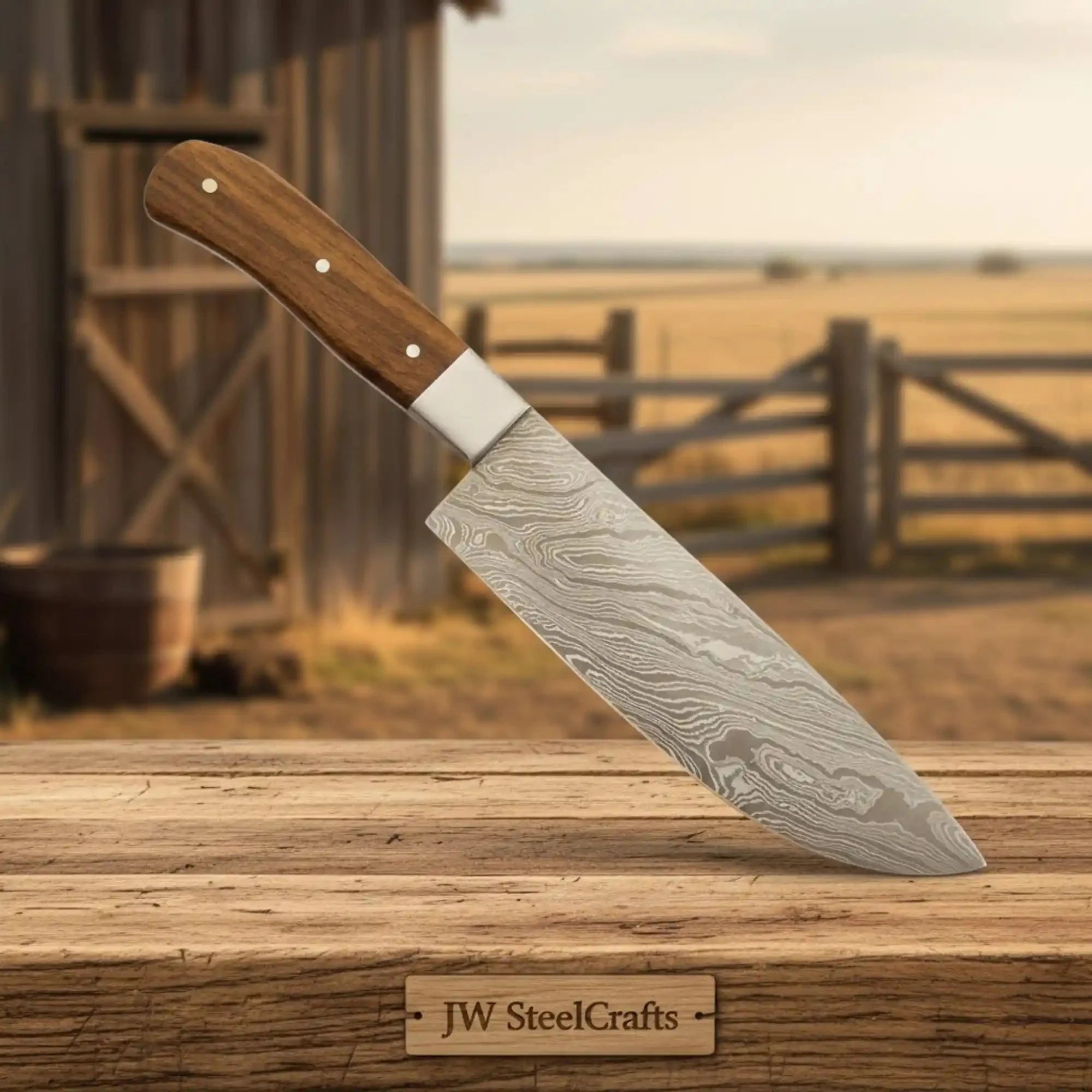 JW SteelCrafts 5 Piece Damascus Kitchen Knife Set Chef Santoku Cleaver Utility and Paring Knives Walnut Wood Handle Professional Cooking Knife Set
