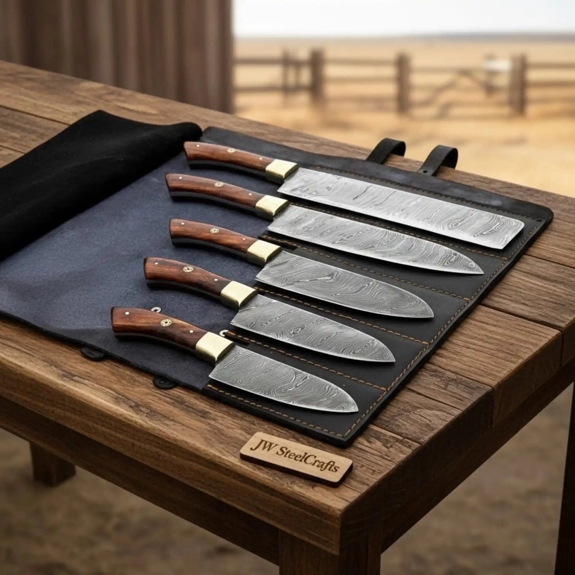 JW SteelCrafts 5 Piece Damascus Kitchen Knife Set Chef Santoku Utility and Paring Knives Pakka Wood Handle with Leather Knife Roll Professional Cooking Set