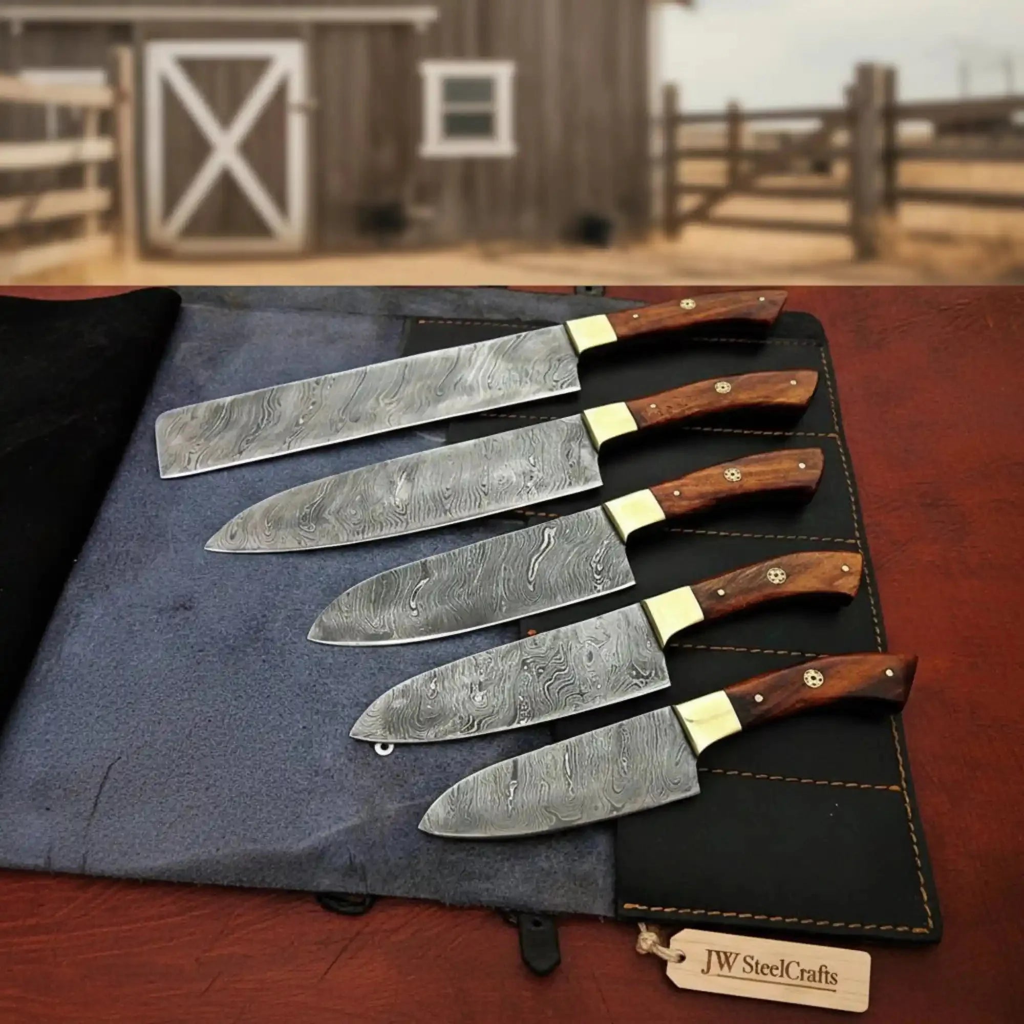 JW SteelCrafts 5 Piece Damascus Kitchen Knife Set Chef Santoku Utility and Paring Knives Pakka Wood Handle with Leather Knife Roll Professional Cooking Set