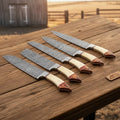 JW SteelCrafts 5 Piece Damascus Kitchen Knife Set with Bone and Wood Handles, Chef Nakiri Bread Carving and Slicing Knives, Handmade Damascus Steel with Leather Roll Kit
