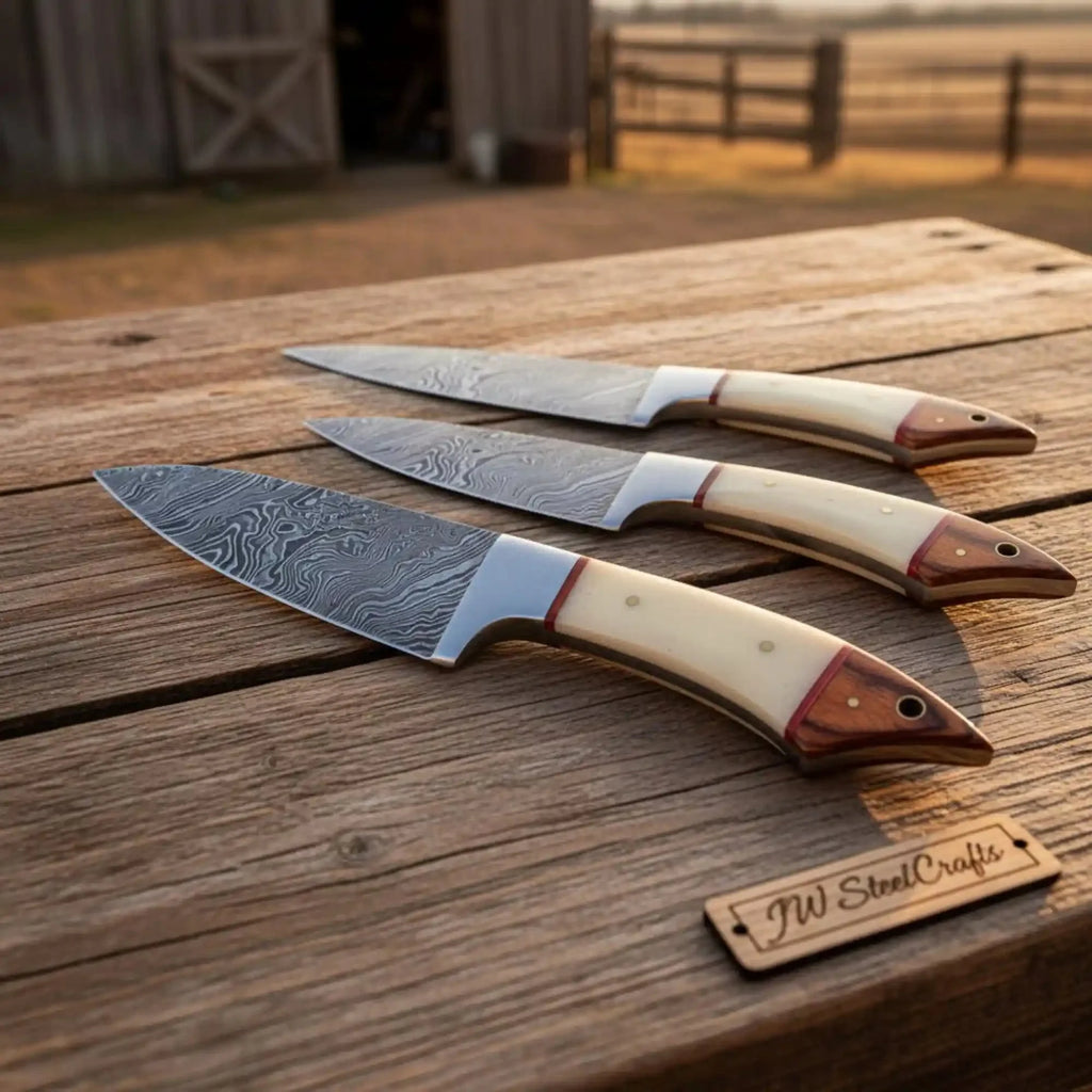 JW SteelCrafts 5 Piece Damascus Kitchen Knife Set with Bone and Wood Handles, Chef Nakiri Bread Carving and Slicing Knives, Handmade Damascus Steel with Leather Roll Kit
