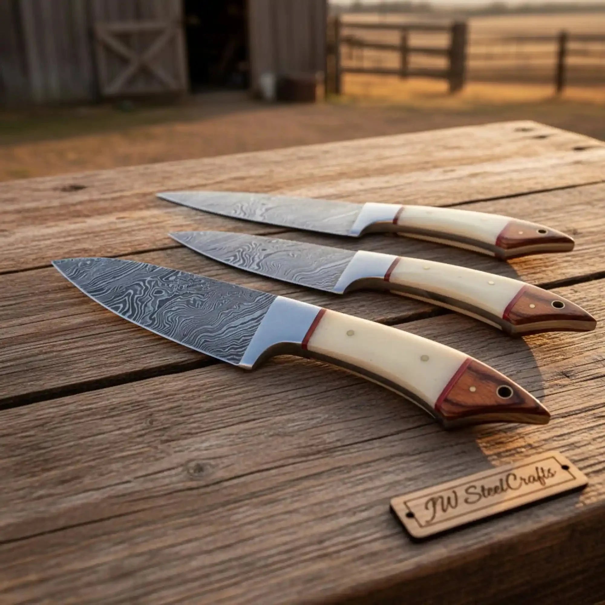 JW SteelCrafts 5 Piece Damascus Kitchen Knife Set with Bone and Wood Handles, Chef Nakiri Bread Carving and Slicing Knives, Handmade Damascus Steel with Leather Roll Kit