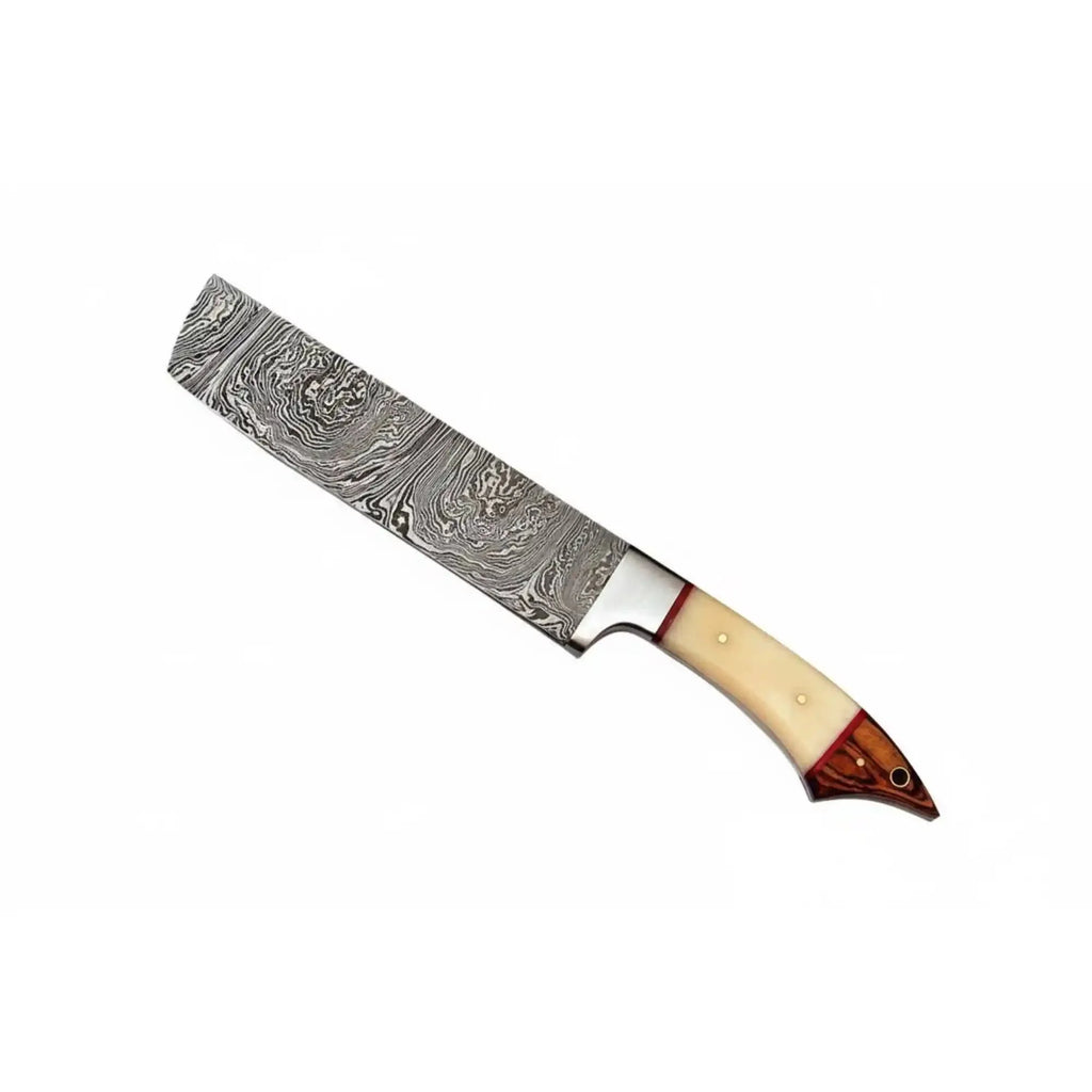 JW SteelCrafts 5 Piece Damascus Kitchen Knife Set with Bone and Wood Handles, Chef Nakiri Bread Carving and Slicing Knives, Handmade Damascus Steel with Leather Roll Kit