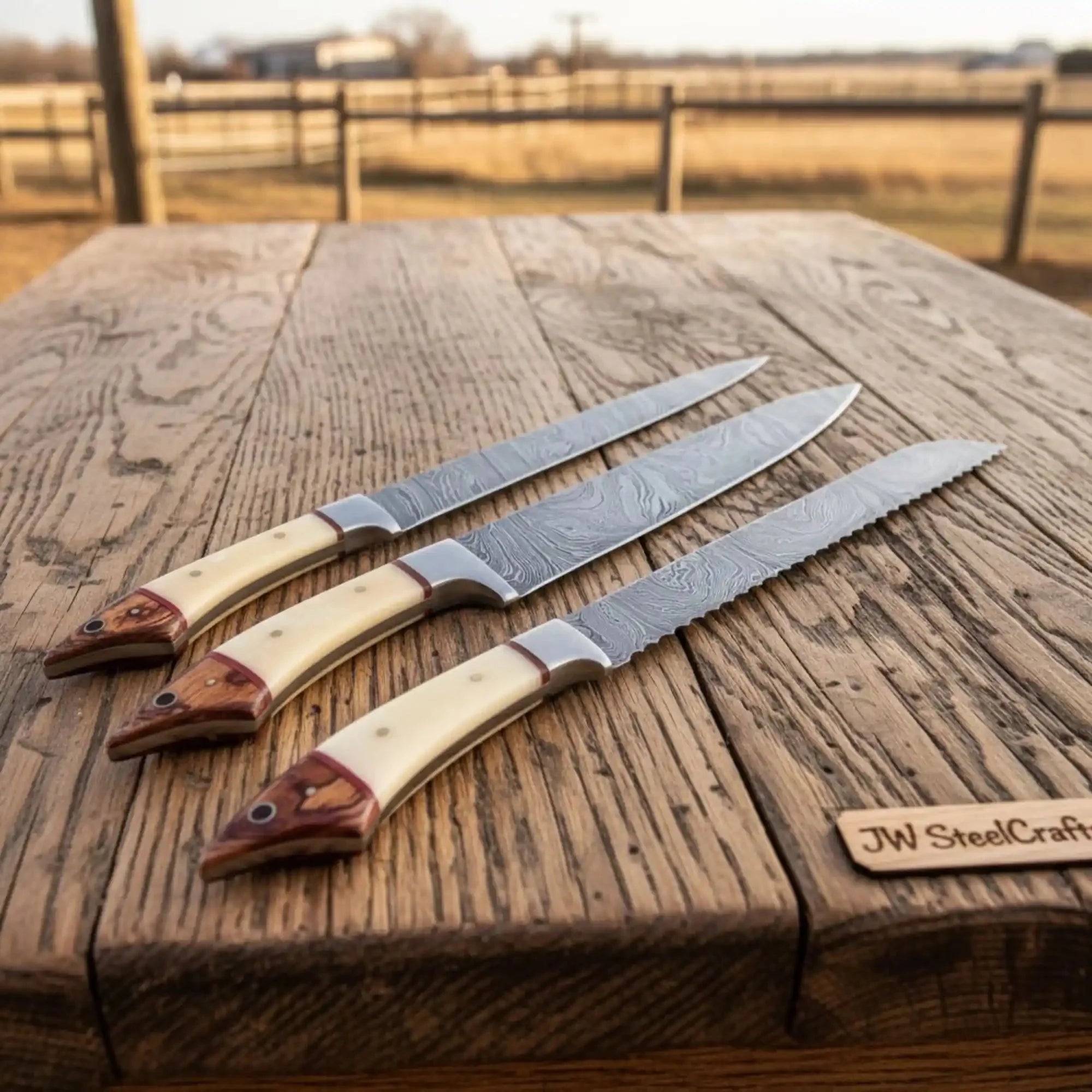 JW SteelCrafts 5 Piece Damascus Kitchen Knife Set with Bone and Wood Handles, Chef Nakiri Bread Carving and Slicing Knives, Handmade Damascus Steel with Leather Roll Kit