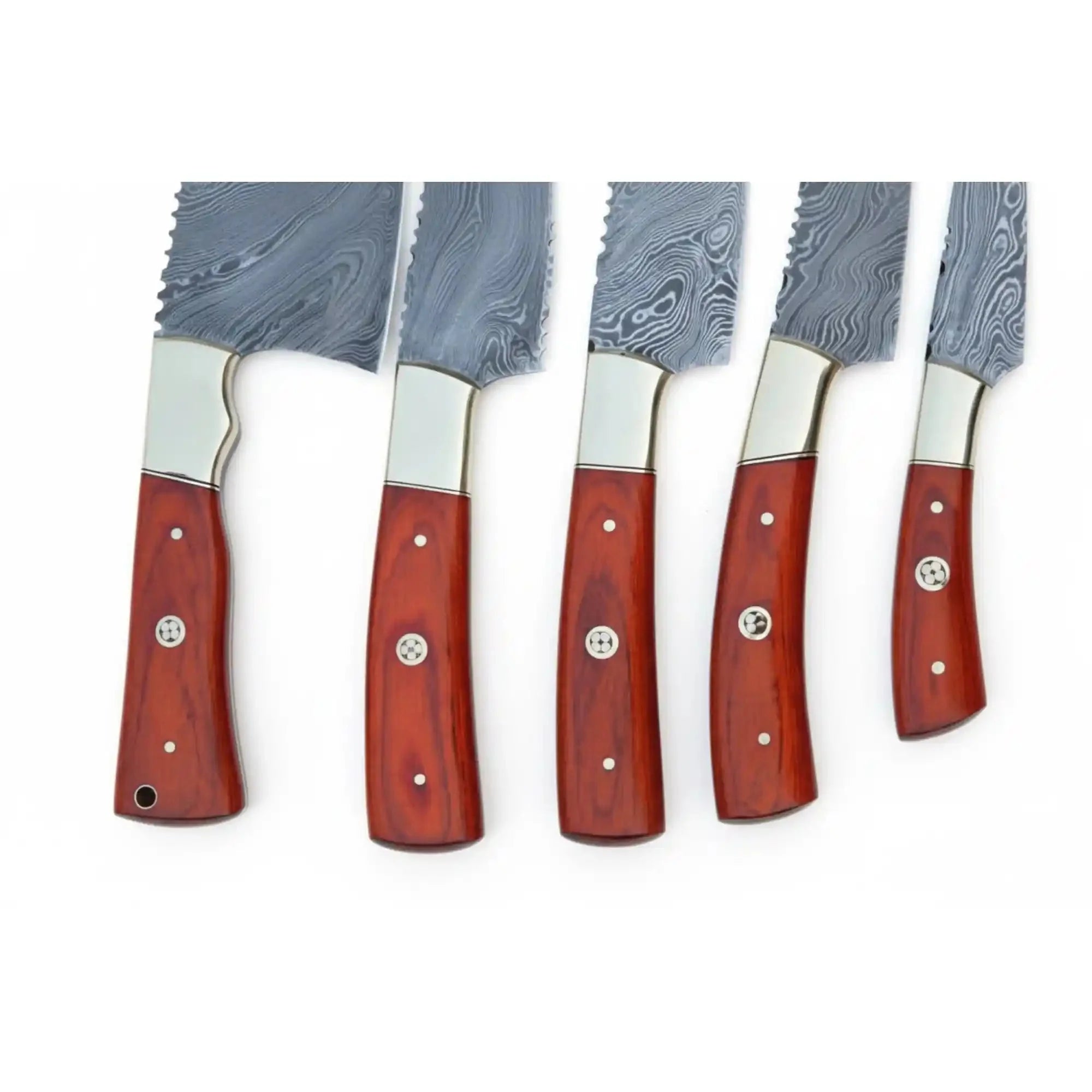 JW SteelCrafts 5 Piece Damascus Kitchen Knife Set with Leather Roll, Butcher Bread Chef Utility Paring Knife Set, Handmade Damascus Steel Collection