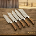 JW SteelCrafts 5 Piece Damascus Kitchen Knife Set with Rosewood Handles, Chef Utility Slicing Carving and Mini Cleaver Knife Collection, Handmade Damascus Steel