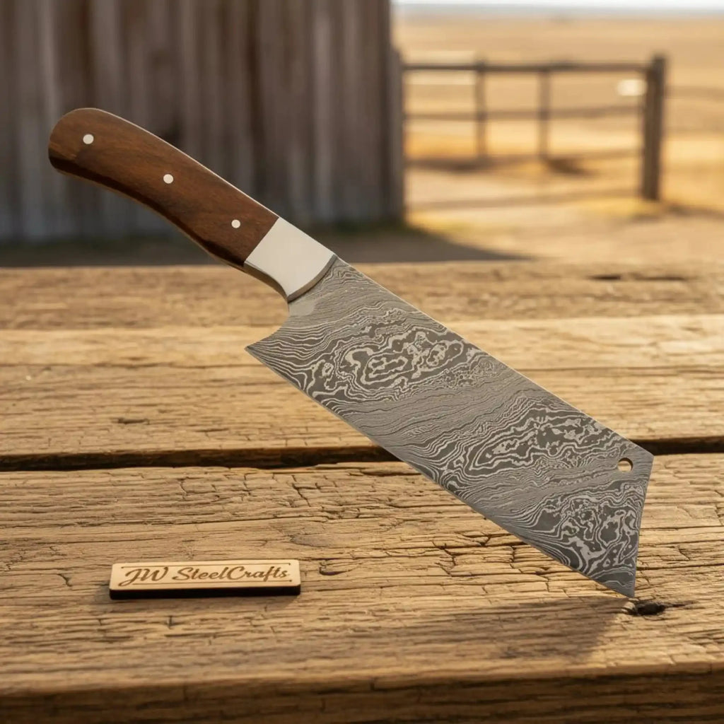 JW SteelCrafts 5 Piece Damascus Kitchen Knife Set with Rosewood Handles, Chef Utility Slicing Carving and Mini Cleaver Knife Collection, Handmade Damascus Steel