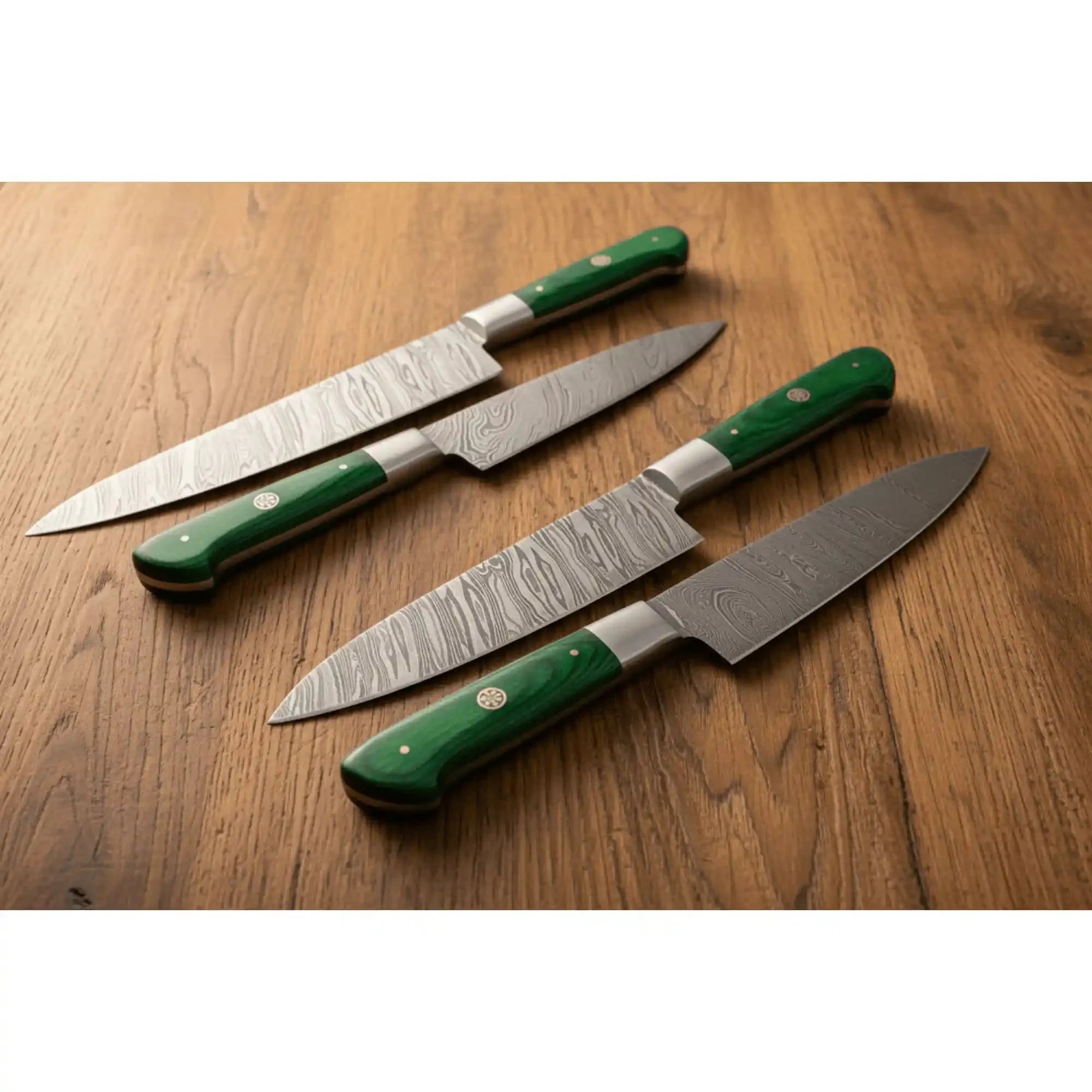 JW SteelCrafts 6 Piece Damascus Kitchen Knife Set Chef Santoku Bread Fillet Boning and Utility Knives Green Wood Handle Professional Cooking Knife Collection
