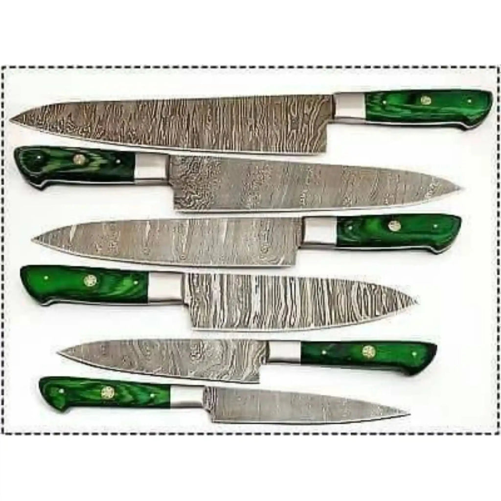 JW SteelCrafts 6 Piece Damascus Kitchen Knife Set Chef Santoku Bread Fillet Boning and Utility Knives Green Wood Handle Professional Cooking Knife Collection