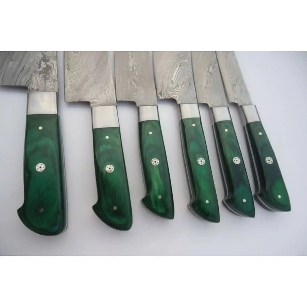 JW SteelCrafts 6 Piece Damascus Kitchen Knife Set Chef Santoku Bread Fillet Boning and Utility Knives Green Wood Handle Professional Cooking Knife Collection