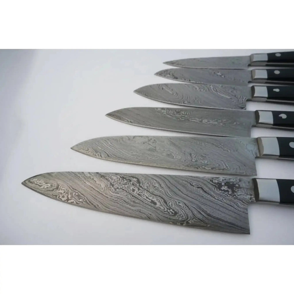JW SteelCrafts 6 Piece Damascus Kitchen Knife Set Chef Santoku Bread Fillet Boning and Utility Knives Green Wood Handle Professional Cooking Knife Collection