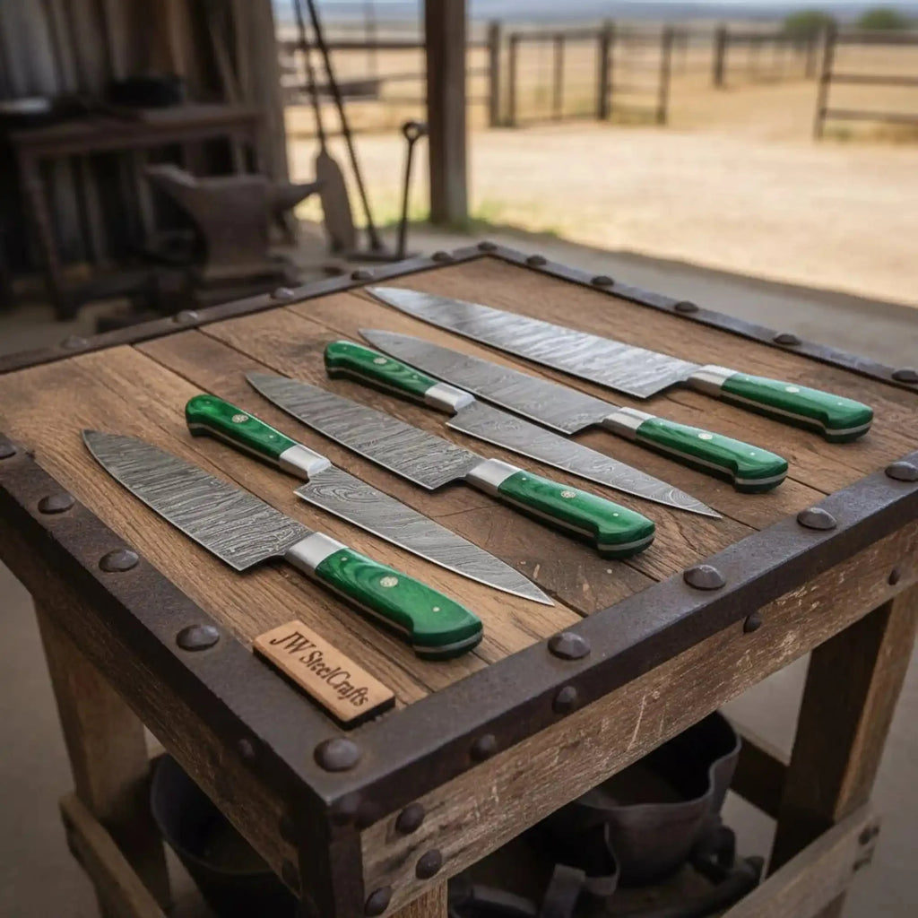 JW SteelCrafts 6 Piece Damascus Kitchen Knife Set Chef Santoku Bread Fillet Boning and Utility Knives Green Wood Handle Professional Cooking Knife Collection