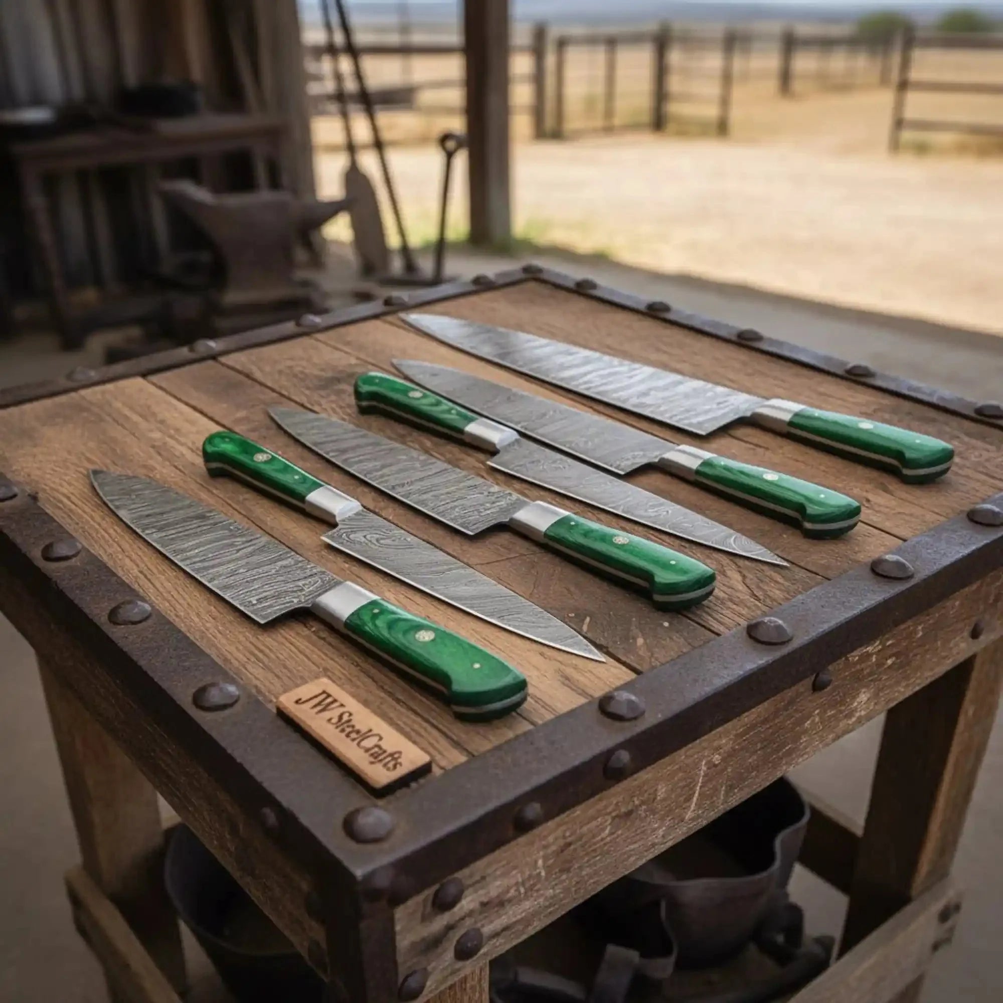 JW SteelCrafts 6 Piece Damascus Kitchen Knife Set Chef Santoku Bread Fillet Boning and Utility Knives Green Wood Handle Professional Cooking Knife Collection