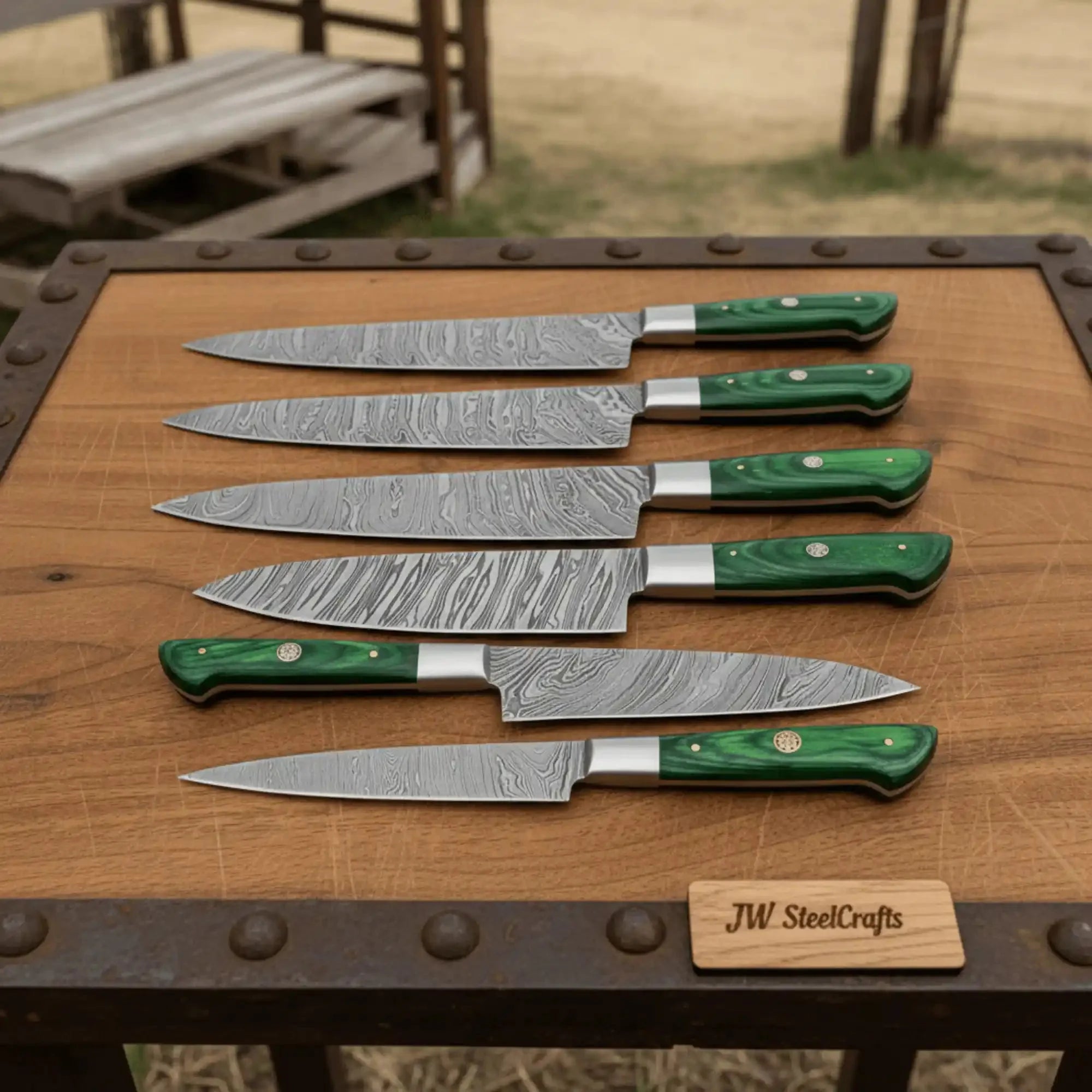 JW SteelCrafts 6 Piece Damascus Kitchen Knife Set Chef Santoku Bread Fillet Boning and Utility Knives Green Wood Handle Professional Cooking Knife Collection