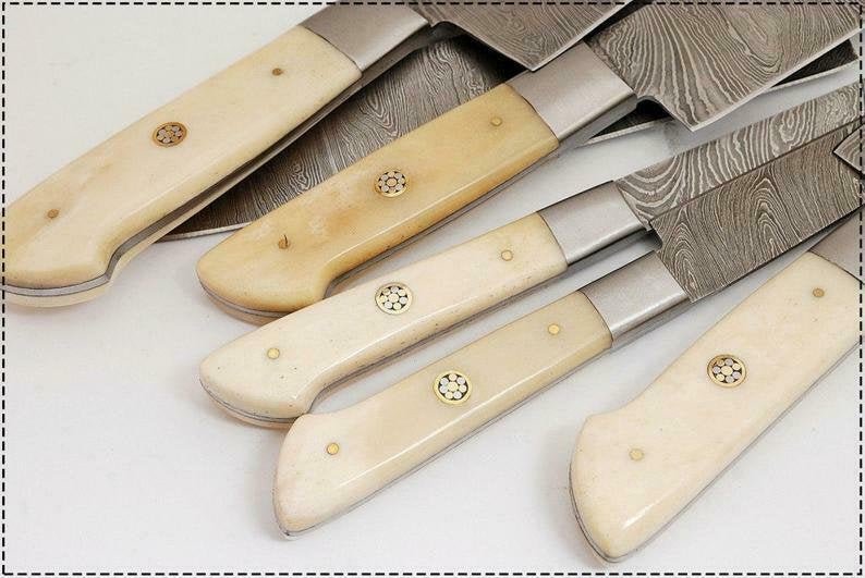 JW SteelCrafts 6-Piece Damascus Knife Set, Gyuto, Santoku, Nakiri, Boning, Utility and Paring Knives with Leather Roll
