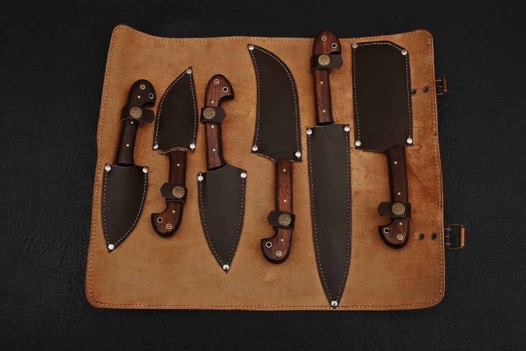 JW SteelCrafts 6-Piece Damascus Knife Set, Gyuto, Santoku, Nakiri, Boning, Utility and Paring Knives with Leather Roll