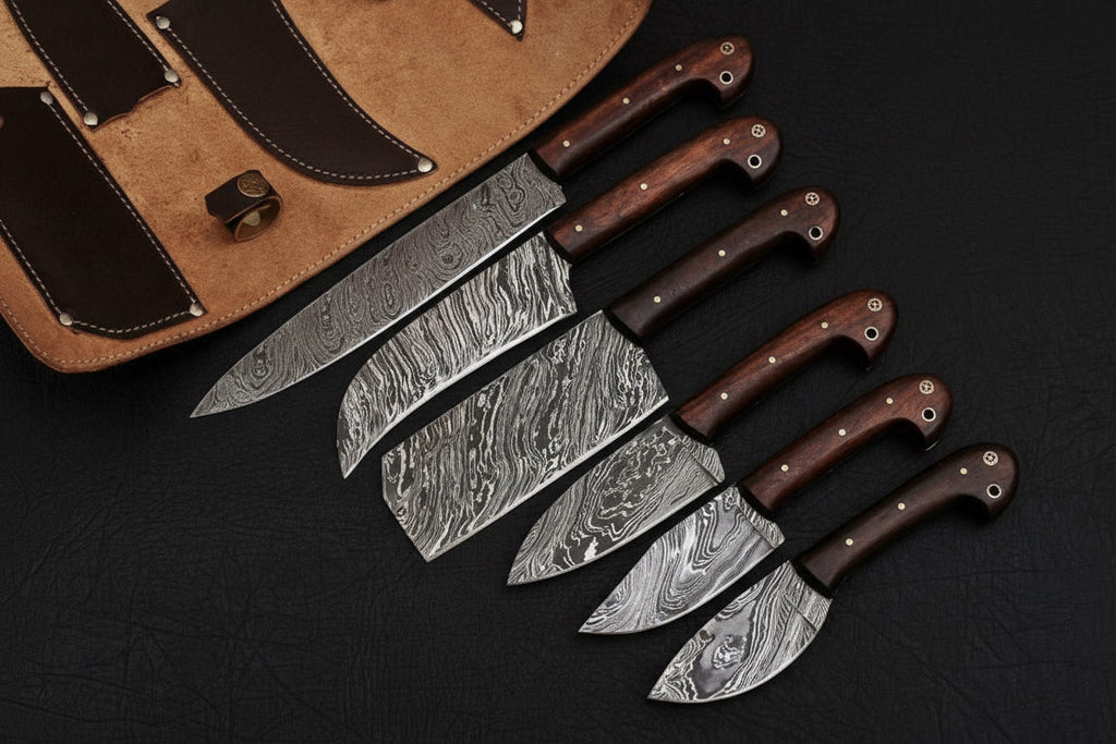 JW SteelCrafts 6-Piece Damascus Knife Set, Gyuto, Santoku, Nakiri, Boning, Utility and Paring Knives with Leather Roll
