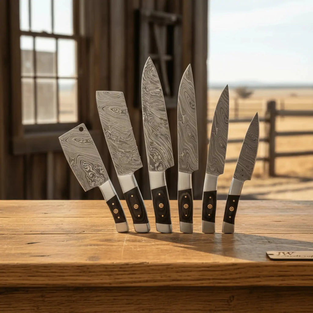 JW SteelCrafts 7 Piece Damascus Kitchen Knife Set Chef Santoku Nakiri Cleaver Utility and Paring Knives Dark Pakka Wood Handle Professional Cooking Knife Collection