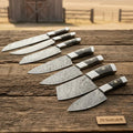 JW SteelCrafts 7 Piece Damascus Kitchen Knife Set Chef Santoku Nakiri Cleaver Utility and Paring Knives Dark Pakka Wood Handle Professional Cooking Knife Collection