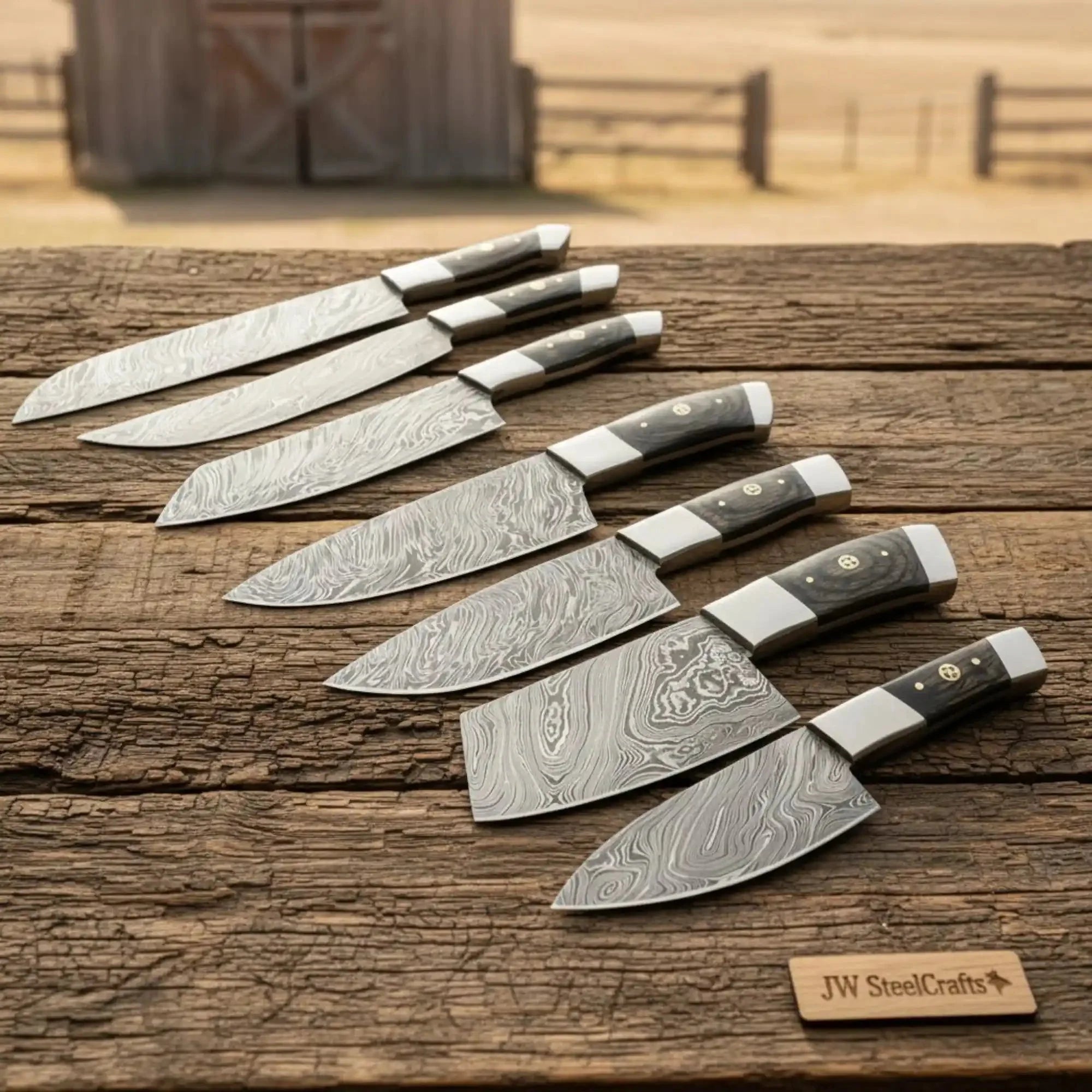 JW SteelCrafts 7 Piece Damascus Kitchen Knife Set Chef Santoku Nakiri Cleaver Utility and Paring Knives Dark Pakka Wood Handle Professional Cooking Knife Collection