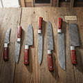 JW SteelCrafts 7 Piece Damascus Kitchen Knife Set, Paring Utility Santoku Chef Carving Bread Knife and Vegetable Cleaver, Handmade Damascus Steel Knife Set Red Wood Handle