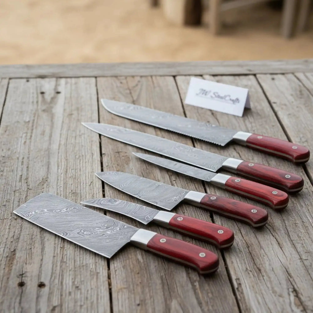 JW SteelCrafts 7 Piece Damascus Kitchen Knife Set, Paring Utility Santoku Chef Carving Bread Knife and Vegetable Cleaver, Handmade Damascus Steel Knife Set Red Wood Handle