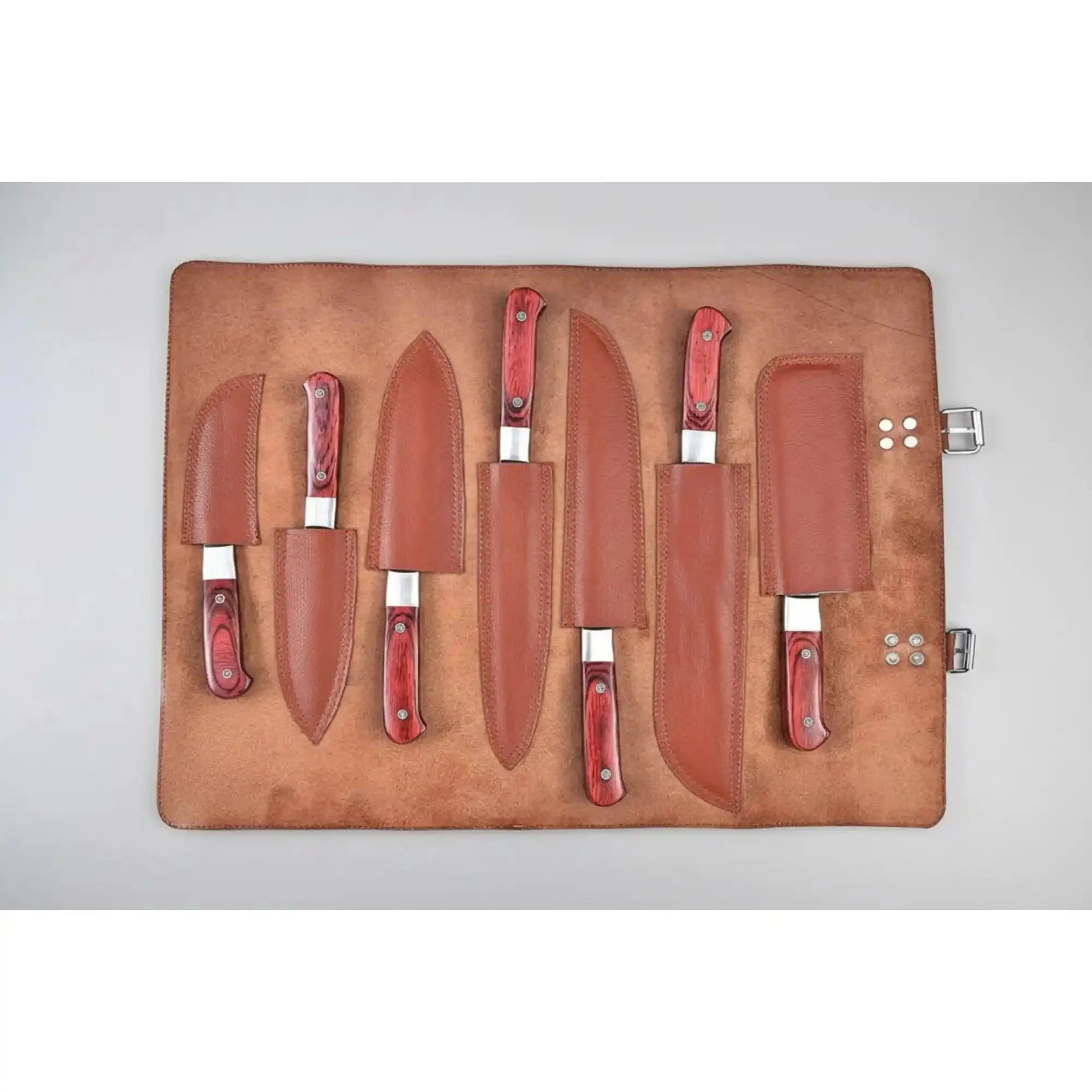 JW SteelCrafts 7 Piece Damascus Kitchen Knife Set, Paring Utility Santoku Chef Carving Bread Knife and Vegetable Cleaver, Handmade Damascus Steel Knife Set Red Wood Handle