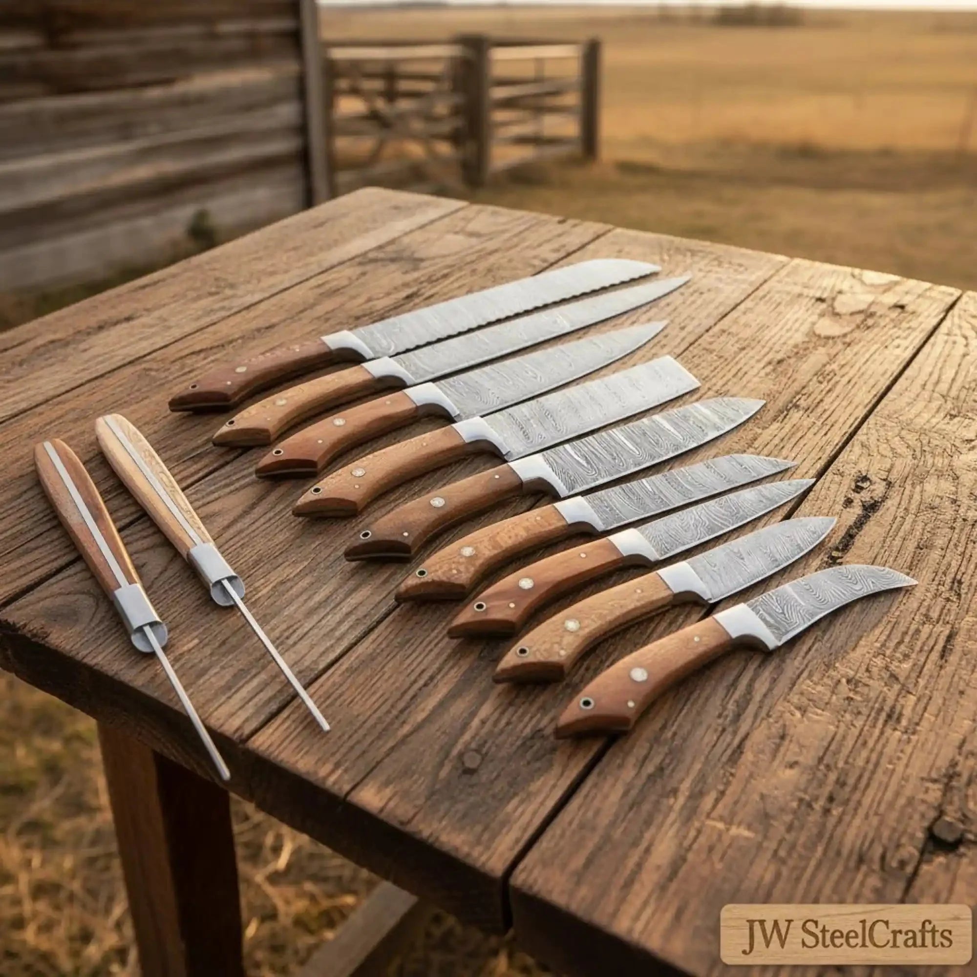 JW SteelCrafts 8-Piece Handmade Damascus Kitchen Knife Set, Cleaver, Bread Knife, Gyuto, Santoku, Nakiri, Utility and Paring Knives, Walnut Wood Handles