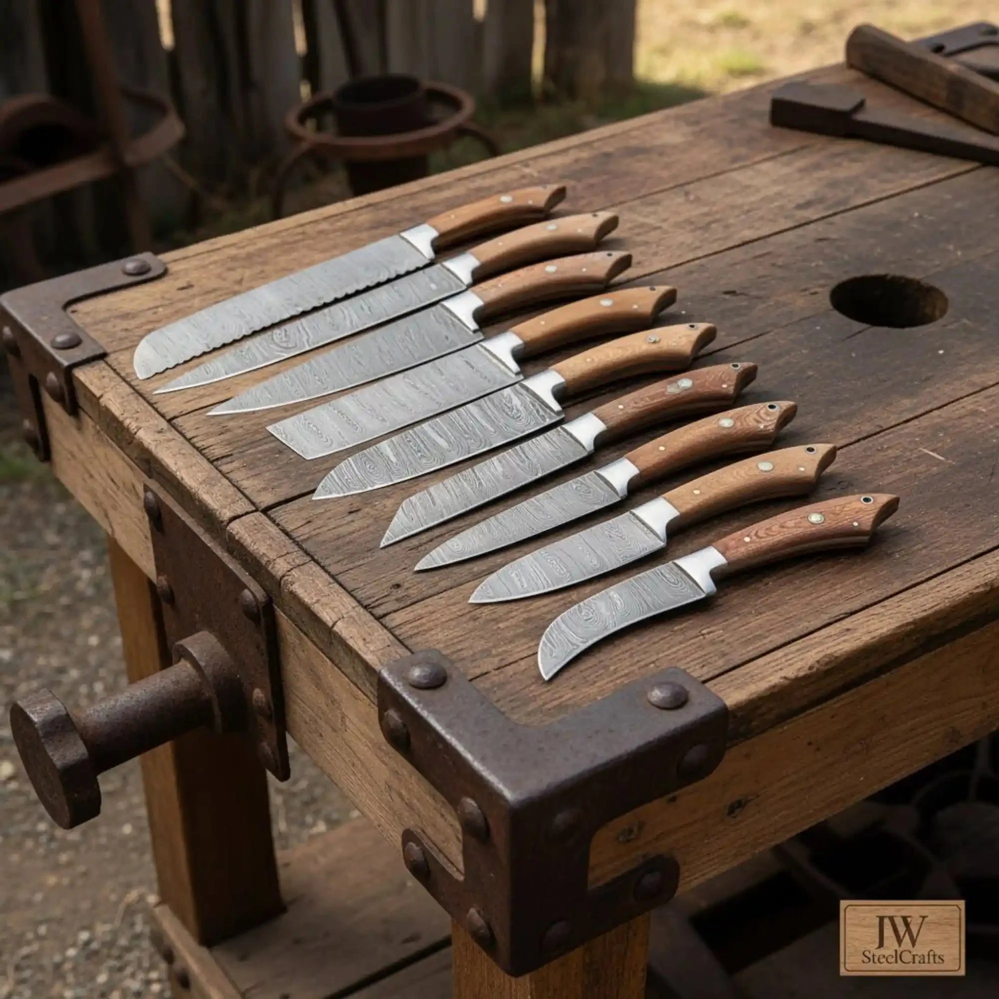JW SteelCrafts 8-Piece Handmade Damascus Kitchen Knife Set, Cleaver, Bread Knife, Gyuto, Santoku, Nakiri, Utility and Paring Knives, Walnut Wood Handles