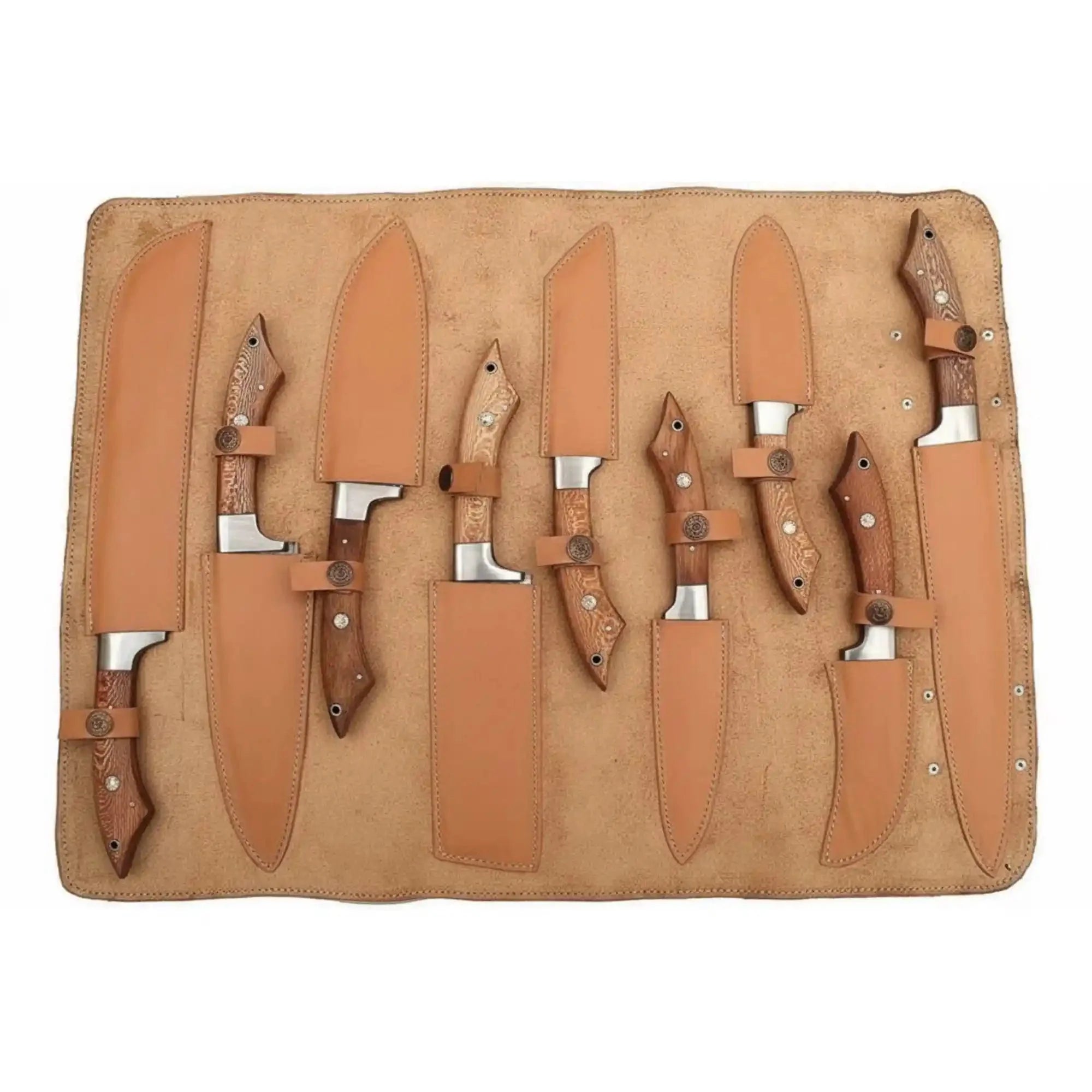 JW SteelCrafts 8-Piece Handmade Damascus Kitchen Knife Set, Cleaver, Bread Knife, Gyuto, Santoku, Nakiri, Utility and Paring Knives, Walnut Wood Handles